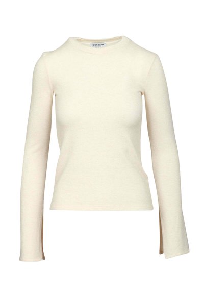 Top a maniche lunghe e scollo rotondo in morbido tessuto color crema, con una silhouette aderente e fessure sulle cuciture laterali.