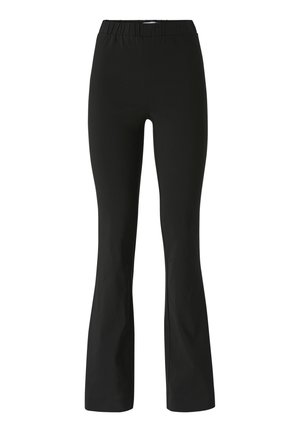 Pantaloni neri a palazzo con vita elasticizzata, realizzati in materiale liscio e stretch. Design semplice senza ulteriori motivi o dettagli.