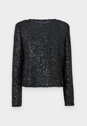 Melna garajām piedurknēm augšdaļa, kas pārklāta ar mazām spuldzītēm, ar apaļu kakla izgriezumu un brīvu piegriezumu, ar gludu tekstūru un mirdzošu virsmu.