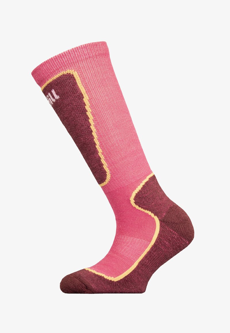 Knee-high socks in pink with brown accents. Features ribbed texture, padded area in dark brown, and yellow trim along the edges.