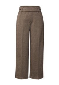 Vida byxor i brunt herringbone-tyg. Har en platt front med två knappar och sidfickor. Rakt snitt med en ren finish.