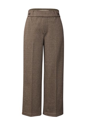 Wide-leg trousers made of brown herringbone fabric. Features a flat front with two buttons and side pockets. Straight cut with a clean finish.