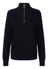 Marineblauer Strickpullover mit hohem Kragen, vorne mit Reißverschluss und gerippten Bündchen. Die Struktur ist grob und durchgehend in einem einfarbigen Muster.