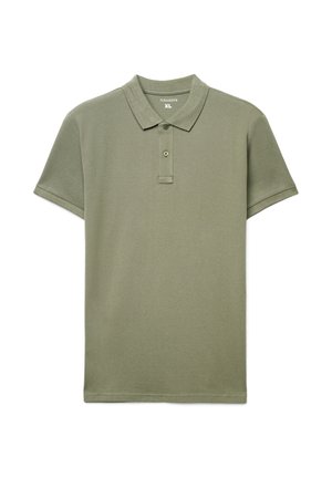 Oliwkowa koszulka polo z krótkim rękawem, wykonana z mieszanki bawełny, z klasycznym kołnierzykiem, plisą na trzy guziki i prostym dołem.