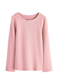 Top à manches longues rose clair en tissu côtelé. Doté d'un col rond et d'une coupe droite avec des ourlets cousus.