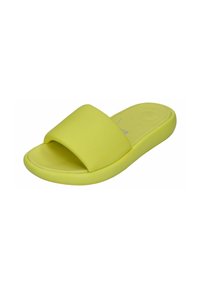 Bright yellow slide sandal featuring a wide upper strap and a cushioned sole, made of smooth synthetic material with a rounded toe shape.