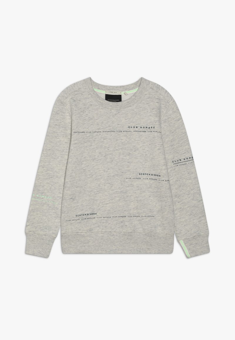 Felpa grigia chiaro con collo a giro, maniche lunghe e dettagli di testo stampati in nero e verde chiaro. Tessuto morbido con un fit rilassato.