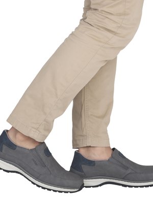 Gray slip-on shoes with blue accents, made of leather, featuring a textured surface, elastic side panels, and a contrasting white sole.