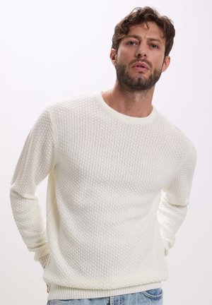 Maglione lavorato a maglia di colore crema con un motivo testurizzato, collo rotondo e maniche lunghe, indossato con jeans blu.
