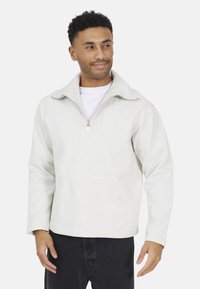 Lichtgrijze sweatshirt met een halve rits kraag, lange mouwen en een zachte textuur. Kenmerkt zich door een strak ontwerp en minimalistische stijl.