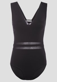Body noir avec un décolleté en V profond, sans manches et des accents en maille transparente à la taille. Tissu lisse avec une coupe ajustée.