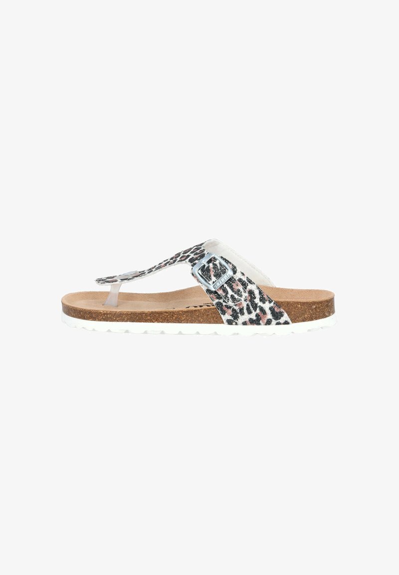 Leopardprint teensandalen met transparante band en zilveren gesp, kurken voetbed en witte rubberen zool. Casual ontwerp met textuurdetails.