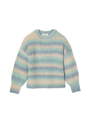 Pull en tricot avec un col rond, présentant des rayures verticales dans de doux pastels de bleu, vert et crème. Les poignets et l'ourlet côtelés ajoutent de la texture.