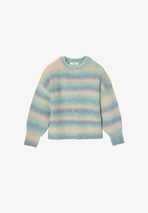 Pull en tricot avec un col rond, présentant des rayures verticales dans de doux pastels de bleu, vert et crème. Les poignets et l'ourlet côtelés ajoutent de la texture.