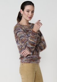 Mehrfarbiger, flauschiger Pullover mit rundem Ausschnitt und langen Ärmeln; verfügt über Streifen in Burgunderrot, Braun und Blau; kombiniert mit beigen Hosen.