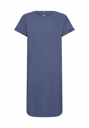 Short-sleeve, knee-length casual blue dress with round neckline and subtle seam details, front view on white background.