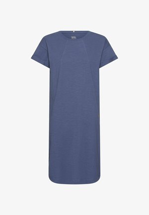 Kurzärmeliges, knielanges legeres blaues Kleid mit rundem Ausschnitt und dezenten Nahtdetails, Vorderansicht auf weißem Hintergrund.