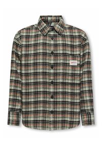 Flanellen shirt in groen, zwart en rood ruitpatroon, met een kraag en knopen aan de voorkant; bevat een klein logo-opgestikt op de borst.