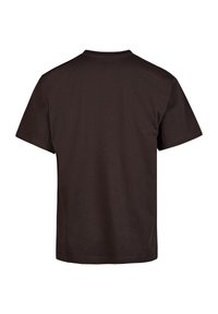 Short-sleeve T-shirt in dark brown, made of cotton. Features a simple crew neck and a plain back without patterns or embellishments.