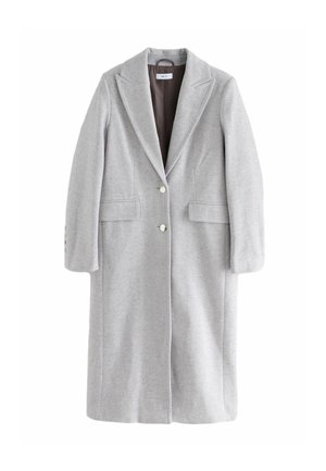 Jasny szary, długi, wełniany płaszcz z klapami z wcięciami, dwoma przednimi kieszeniami z patką, dwoma srebrnymi guzikami i ciemną podszewką.
