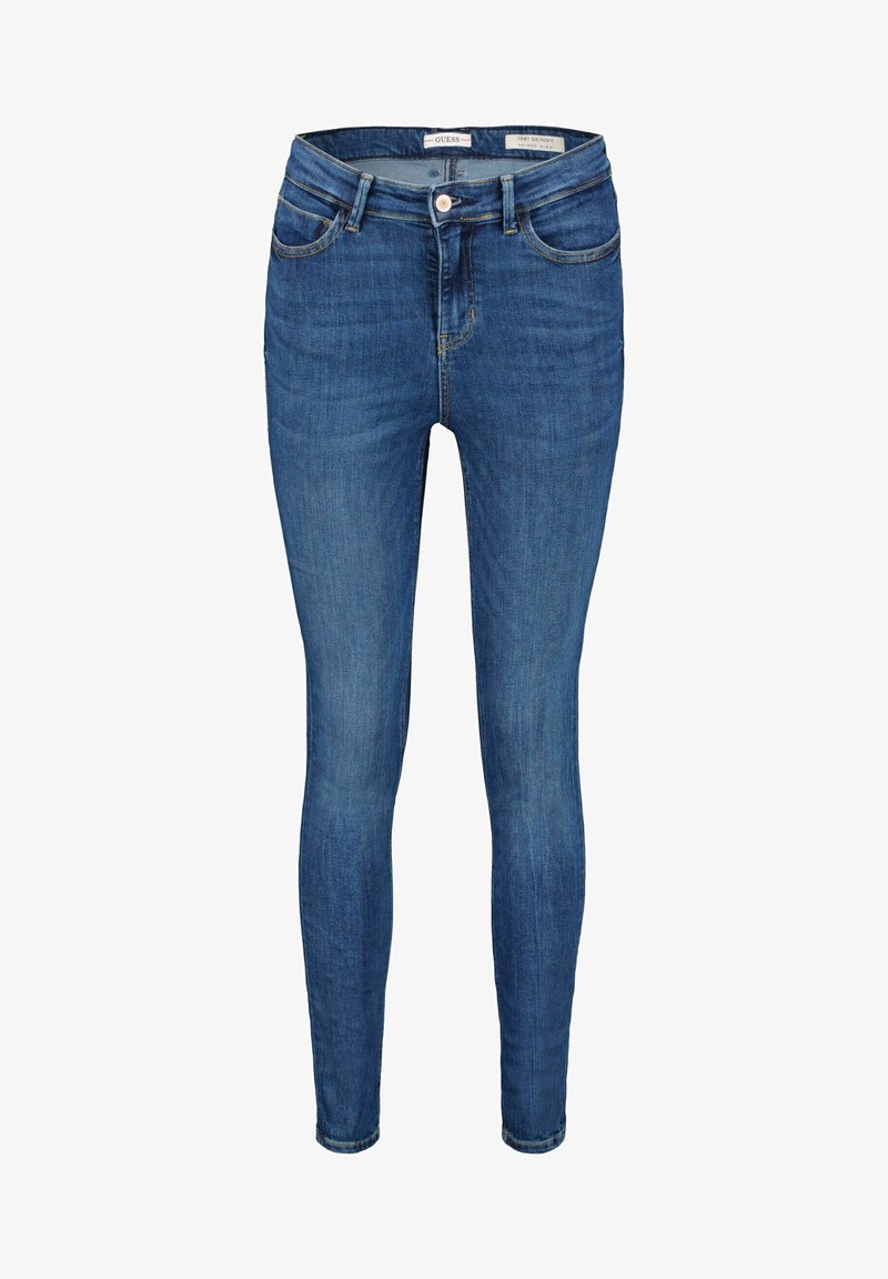Jean skinny en denim bleu, avec une taille mi-haute, cinq poches et des détails de couture subtils. Texture lisse, jambes fuselées.