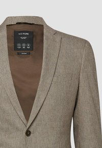 Single-button brown linen blend blazer with fine check pattern and notch lapel, labeled s.O Pure inside collar.