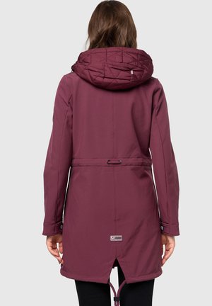 Maroon waterproof jacket with a quilted hood, drawstring waist, and side slits. Features snap buttons and a logo tag near the hem.