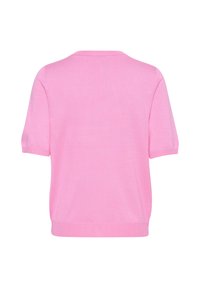 Maglione lavorato a maglia corto rosa con maniche corte e collo rotondo, mostrato dal retro su uno sfondo bianco.