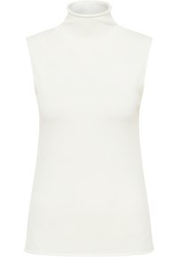 Ærmeløs polo-top i glat hvidt stof, med høj hals og en tætsiddende design, uden synlige sømme eller mønstre.