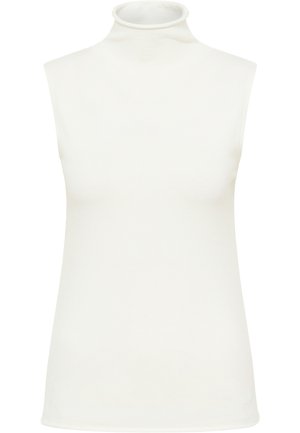 Kätsevarre vaba kõrge kaelusega siledast valgest kangast top, millel on voolav disain ja mis istub hästi keha külge, ilma nähtavate õmbluste või mustriteta.
