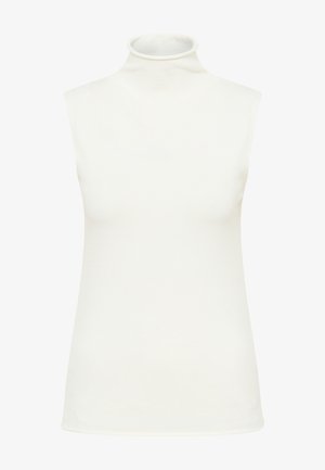 Kätsevarre vaba kõrge kaelusega siledast valgest kangast top, millel on voolav disain ja mis istub hästi keha külge, ilma nähtavate õmbluste või mustriteta.