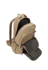 Zaino marrone con più compartimenti, tessuto resistente, tasche anteriori con zip e spallacci imbottiti regolabili per il massimo comfort.