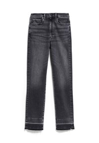 Jean en denim noir à coupe droite, avec un ourlet effiloché, deux poches avant, et un effet délavé pour une apparence texturée.