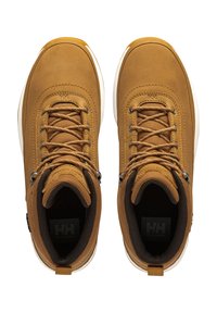 Botas de tobillo de cuero marrón con paneles de tela texturizada, cordones planos y suelas de goma blanca. Presenta ojales reforzados y logo en las plantillas.