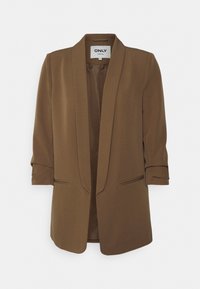 Hnědý blazer s výstřihovým límcem, tříčtvrtečními rukávy, otevřeným předním dílem a dvěma bočními kapsami. Hladká tkanina se strukturovaným designem.