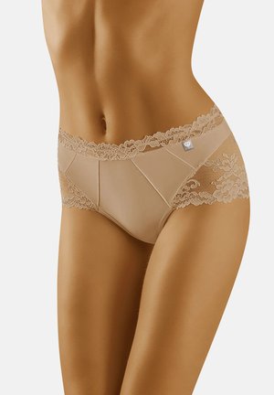 Beige onderbroek met kant, versierd met bloemenaccenten, met een gladde stof, contrasterende texturen en een klein decoratief logo.