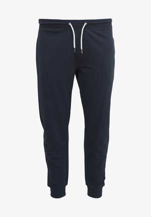 Navyblauwe sweatpants van een zachte katoenmix, met een elastische tailleband met witte trekkoordjes en taps toelopende boorden bij de enkels.