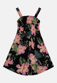 Vestido floral con tejido negro que presenta grandes flores rosas y amarillas, junto con hojas verdes; corsé fruncido y tirantes ajustables.