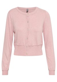 Vaaleanpunainen lyhyt neuletakki, joka on valmistettu pehmeästä neuloskankaasta. Siinä on pitkät hihat, pyöreä pääntie ja nappikiinnitys koristeellisilla napeilla.