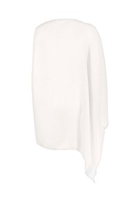 Scialle bianco, leggero, realizzato in tessuto morbido, con un design drappeggiato e una texture liscia, e bordi lunghi e fluttuanti per versatilità.