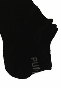 Schwarze Baumwollsocken mit glatter Textur, mit umgeschlagenem Bund und bedrucktem Text an der Seite. Schlichtes, funktionales Design.