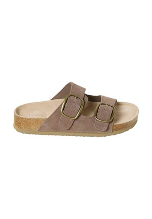 Sandali scivolati in camoscio marrone con due fibbie regolabili in ottone, una soletta in sughero e una suola in gomma texturizzata.