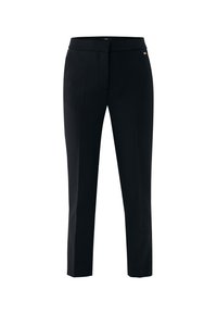 Czarne spodnie o dopasowanym kroju, gładkiej teksturze, z dyskretnym zameczkiem z przodu i subtelnym akcentem logo na pasku.