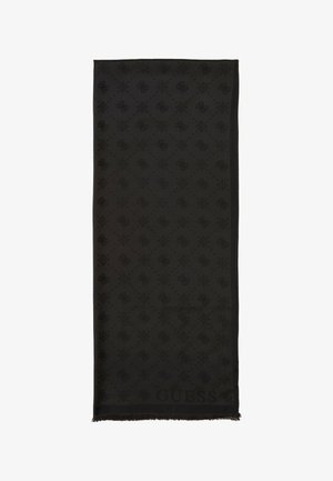 Mustra musta sall, millel on "Guess" logo. Nurgad on frayed, valmistatud pehmest kangast. Ristkülikukujuline.
