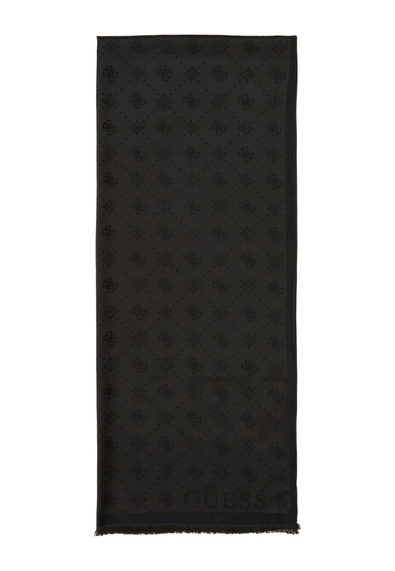 Sciarpa nera con un motivo tonale e il logo "Guess". Rifinita con un bordo sfilacciato, realizzata in tessuto morbido. Forma rettangolare.