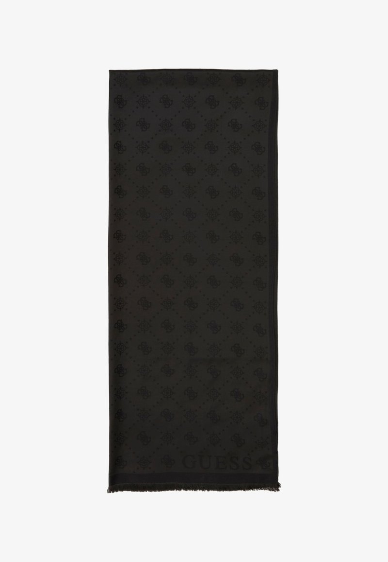 Mustra musta sall, millel on "Guess" logo. Nurgad on frayed, valmistatud pehmest kangast. Ristkülikukujuline.