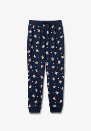 Pantalones de pijama azul marino hechos de tela suave con cinturilla elástica, con un patrón repetido de osos y corazones en marrón y rosa.