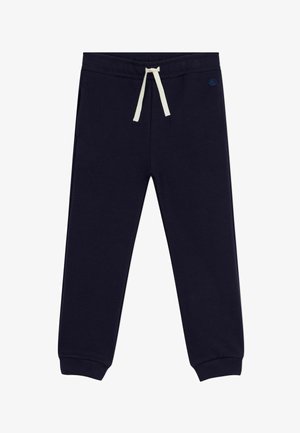 Marineblaue Jogginghose aus weichem Stoff, mit einem elastischen Bund und einer cremefarbenen Kordel sowie schmal zulaufenden Bündchen. Zwei seitliche Taschen vorhanden.