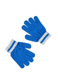 Guanti di lana blu con un polsino grigio a coste che presenta due righe orizzontali blu. I guanti hanno una superficie liscia e un design standard a cinque dita.
