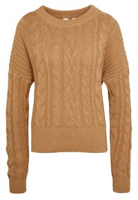 Knitted sweater in light brown, featuring a cable knit pattern, wide crew neckline, and ribbed hem and cuffs. Relaxed fit with textured sleeves.